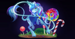 Size: 1920x1000 | Tagged: safe, artist:wilvarin-liadon, imported from derpibooru, oc, oc only, oc:mind equilibrium, pony, unicorn, candy, food, leonine tail, solo