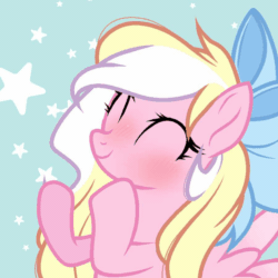 Size: 900x900 | Tagged: safe, artist:sofk, imported from derpibooru, oc, oc only, oc:bay breeze, pegasus, animated, blushing, bow, clapping, closed mouth, cute, eyes closed, female, hair bow, happy, mare, ocbetes, show accurate, stars, wings