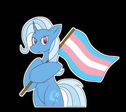 Size: 1280x1136 | Tagged: safe, artist:pokeshadow, artist:pokeskugga, imported from derpibooru, trixie, pony, unicorn, black background, fanart, female, gender headcanon, headcanon, lgbt headcanon, looking at you, pride, pride flag, simple background, solo, standing upright, trans female, trans trixie, transgender, transgender pride flag