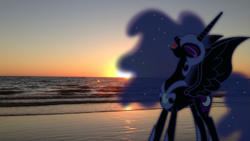 Size: 1281x720 | Tagged: safe, edit, editor:tcgamebot, imported from derpibooru, nightmare moon, alicorn, pony, armor, beach, eyes closed, female, helmet, irl, mare, photo, ponies in real life, sand, solo, spread wings, sun, sunset, wings