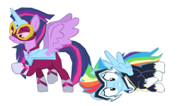 Size: 1280x769 | Tagged: safe, artist:benpictures1, imported from derpibooru, masked matter-horn, rainbow dash, twilight sparkle, zapp, alicorn, pegasus, pony, power ponies (episode), clothes, cute, dashabetes, duo, duo female, female, lesbian, looking down, power ponies, raised hoof, shipping, simple background, teeth, transparent background, twiabetes, twidash, twilight sparkle (alicorn), vector