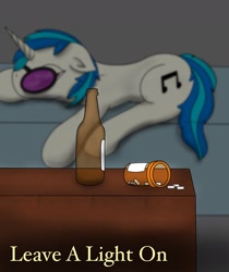 Size: 2001x2378 | Tagged: safe, artist:snow quill, imported from derpibooru, dj pon-3, vinyl scratch, alcohol, cover art, lying down, pills, story in the source