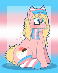 Size: 1560x1972 | Tagged: safe, artist:icecreamjaxxie, imported from derpibooru, oc, oc only, oc:mille feuille, pony, unicorn, back freckles, butt freckles, chubby, clothes, female, flag, food, freckles, glasses, hat, ice cream, mare, mouth hold, pride, pride flag, pride socks, smiling, socks, solo, striped socks, trans, trans rights, transgender, transgender pride flag