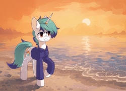 Size: 2032x1462 | Tagged: safe, artist:koviry, imported from derpibooru, part of a set, oc, oc only, oc:snowy blue, pony, unicorn, beach, clothes, commission, cute, hoodie, male, ocbetes, raised hoof, scenery, smiling, solo, stallion, sun, water, ych result