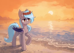 Size: 2032x1462 | Tagged: safe, artist:koviry, imported from derpibooru, part of a set, oc, oc only, oc:moon bloom, bat pony, pony, bat pony oc, bat wings, beach, commission, floral head wreath, flower, raised hoof, scenery, smiling, solo, sun, water, wings, ych result