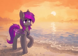 Size: 2032x1462 | Tagged: safe, artist:koviry, imported from derpibooru, part of a set, oc, oc only, oc:platinum wing, bat pony, pony, bat pony oc, bat wings, beach, commission, ear piercing, earring, freckles, jewelry, necklace, piercing, raised hoof, scenery, smiling, solo, sun, water, wings, ych result