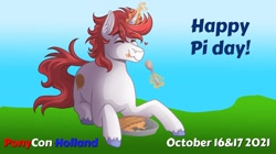 Size: 1482x828 | Tagged: safe, artist:kikirdcz, imported from derpibooru, oc, oc only, oc:stroopwafeltje, oc:waffles, pony, unicorn, convention mascot, food, male, mascot, pi day, pie, ponycon holland, ponyconholland, solo, stallion