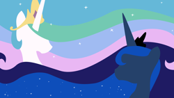 Size: 1920x1080 | Tagged: safe, artist:everay, imported from derpibooru, princess celestia, princess luna, alicorn, pony, bust, duo, female, horn, jewelry, lineless, mare, minimalist, modern art, portrait, royal sisters, siblings, sisters, solo, tiara, wallpaper