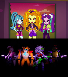 Size: 1920x2160 | Tagged: safe, imported from derpibooru, adagio dazzle, aria blaze, sonata dusk, equestria girls, equestria girls series, sunset's backstage pass!, spoiler:eqg series (season 2), comparison, five nights at freddy's, five nights at freddy's security breach, five nights at freddy's: security breach, glamrock chica, glamrock freddy, montgomery gator, roxanne wolf, the dazzlings