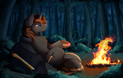 Size: 3318x2095 | Tagged: safe, artist:pridark, imported from derpibooru, oc, oc only, oc:twisty, pony, unicorn, campfire, cloven hooves, crossed hooves, cutie mark, fire, forest, grass, high res, male, melee weapon, rock, smiling, solo, stone, sword, weapon