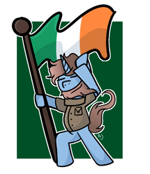 Size: 828x962 | Tagged: safe, artist:redpalette, imported from derpibooru, oc, oc only, oc:ire mend, pony, unicorn, beard, bipedal, clothes, cute, eyes closed, facial hair, flag, holding a flag, holiday, horn, ireland, jacket, male, meme, military, pride, saint patrick's day, salute, smiling, solo, st.patrick's day, unicorn oc