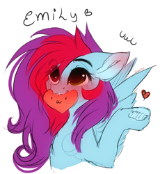 Size: 1174x1274 | Tagged: safe, artist:1fresita, artist:krissstudios, imported from derpibooru, oc, oc only, oc:emily, pegasus, pony, female, heart, heterochromia, mare, mouth hold, solo