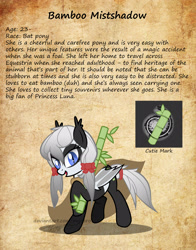 Size: 1920x2455 | Tagged: safe, artist:magnusmagnum, imported from derpibooru, oc, oc:bamboo mistshadow, bat pony, pony, base used, bat pony oc, bat wings, character card, cute, cute little fangs, cutie mark, fangs, female, mare, open mouth, show accurate, watermark, wings