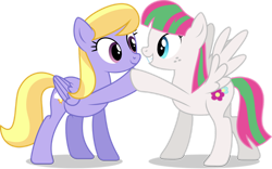 Size: 1280x801 | Tagged: safe, artist:thatusualguy06, imported from derpibooru, blossomforth, cloud kicker, pegasus, pony, .svg available, base used, detailedatream approves, duo, duo female, female, gritted teeth, hoofbump, looking at each other, mare, show accurate, simple background, spread wings, transparent background, vector, wings