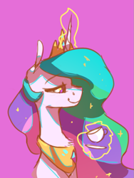 Size: 605x803 | Tagged: safe, artist:anticular, imported from derpibooru, princess celestia, alicorn, pony, bust, cup, female, glowing horn, horn, levitation, magic, mare, pink background, profile, saucer, simple background, solo, teacup, telekinesis