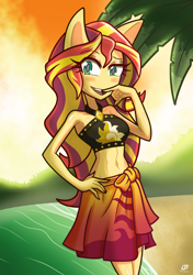 Size: 2448x3482 | Tagged: safe, artist:lezaki, imported from derpibooru, sunset shimmer, anthro, equestria girls, adorasexy, belly button, bikini, clothes, cute, female, high res, no nose, sarong, sexy, shimmerbetes, sleeveless, solo, swimsuit