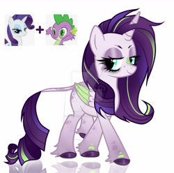 Size: 1280x1272 | Tagged: safe, artist:sush-adopts, imported from derpibooru, rarity, spike, oc, dracony, dragon, hybrid, pony, deviantart watermark, interspecies offspring, obtrusive watermark, offspring, parent:rarity, parent:spike, parents:sparity, simple background, watermark, white background