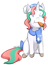 Size: 1252x1680 | Tagged: safe, artist:foxhatart, imported from derpibooru, oc, oc only, oc:mint, pony, unicorn, bow, carrot, chibi, clothes, female, food, herbivore, mare, scarf, simple background, solo, tail bow, transparent background