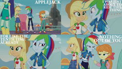 Size: 1280x720 | Tagged: safe, edit, edited screencap, editor:quoterific, imported from derpibooru, screencap, applejack, megan williams, rainbow dash, human, equestria girls, equestria girls series, rollercoaster of friendship, applejack's hat, bow, clothes, cowboy hat, duo, duo female, female, geode of super speed, geode of super strength, hair bow, hat, magical geodes, open mouth, tallulah, teeth, trio, trio female