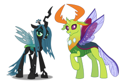 Size: 1720x1150 | Tagged: safe, artist:anime-equestria, artist:lightningbolt, derpibooru exclusive, imported from derpibooru, queen chrysalis, thorax, changedling, changeling, changeling queen, absurd resolution, crown, curved horn, duo, eyeshadow, female, grin, happy, horn, horns, insect wings, jewelry, king thorax, looking at you, makeup, male, raised hoof, regalia, show accurate, simple background, smiling, solo, spread wings, standing, transparent background, vector, wings