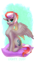 Size: 1080x1902 | Tagged: safe, artist:limreiart, imported from derpibooru, oc, oc only, oc:lighty dust, pegasus, pony, chest fluff, female, fluffy, mare, pegasus oc, pillow, simple background, sitting, solo, spread wings, wings