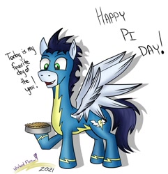 Size: 1336x1388 | Tagged: safe, artist:whirlwindflux, imported from derpibooru, soarin', pegasus, pony, clothes, food, male, pi day, pie, simple background, solo, spread wings, stallion, that pony sure does love pies, uniform, white background, wings, wonderbolts, wonderbolts uniform