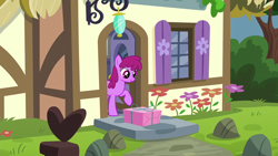 Size: 1920x1080 | Tagged: safe, imported from derpibooru, screencap, berry punch, berryshine, earth pony, pony, season 5, the one where pinkie pie knows, background pony, female, house, looking down, mare, package, present, raised hoof, solo