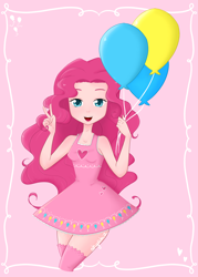 Size: 2640x3696 | Tagged: safe, artist:shyrakia, imported from derpibooru, pinkie pie, human, balloon, female, high res, humanized, peace sign, solo