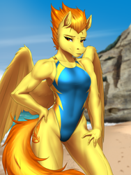 Size: 4500x6000 | Tagged: safe, artist:mykegreywolf, imported from derpibooru, spitfire, anthro, pegasus, adonis belt, beach, biceps, breasts, clothes, deltoids, female, fitfire, hand on hip, high-cut clothing, looking at you, mare, muscles, muscular female, one-piece swimsuit, outdoors, quadriceps, reasonably sized breasts, sexy, solo, stupid sexy spitfire, swimsuit, thong swimsuit, wing fluff