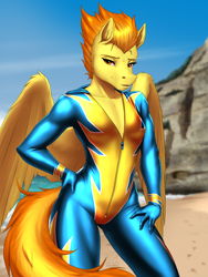 Size: 4500x6000 | Tagged: safe, artist:mykegreywolf, imported from derpibooru, spitfire, anthro, pegasus, beach, breasts, clothes, female, hand on hip, looking at you, mare, muscles, outdoors, reasonably sized breasts, sexy, solo, stupid sexy spitfire, uniform, unzipped, wing fluff, wonderbolts uniform