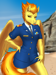 Size: 4500x6000 | Tagged: safe, artist:mykegreywolf, imported from derpibooru, spitfire, anthro, pegasus, beach, clothes, female, hand on hip, looking at you, mare, muscles, outdoors, sexy, skirt, skirt suit, solo, stupid sexy spitfire, suit, wing fluff