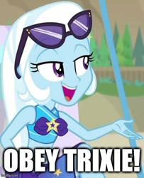 Size: 500x615 | Tagged: safe, imported from derpibooru, trixie, equestria girls, equestria girls series, forgotten friendship, caption, clothes, image macro, imgflip, meme, sarong, sunglasses, swimsuit, text, trixie yells at everything