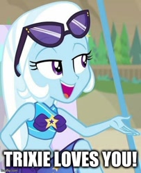 Size: 500x615 | Tagged: safe, imported from derpibooru, trixie, equestria girls, equestria girls series, forgotten friendship, caption, clothes, image macro, imgflip, meme, sunglasses, sunglasses on head, swimsuit, text, trixie yells at everything
