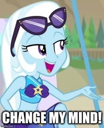 Size: 500x615 | Tagged: safe, imported from derpibooru, trixie, equestria girls, equestria girls series, forgotten friendship, caption, clothes, image macro, imgflip, meme, sunglasses, sunglasses on head, swimsuit, text, trixie yells at everything