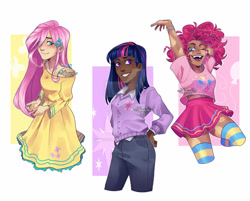 Size: 1280x1030 | Tagged: safe, artist:marshiroart, imported from derpibooru, fluttershy, pinkie pie, twilight sparkle, human, blackwashing, clothes, dark skin, deviantart watermark, dress, humanized, obtrusive watermark, simple background, skirt, socks, striped socks, thigh highs, vitiligo, watermark, white background