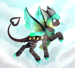 Size: 1063x967 | Tagged: safe, artist:dreepymom, artist:the-dreepy-mom, imported from derpibooru, oc, oc only, oc:weaver bronzewing, changedling, changeling, cloud, female, flying, solo