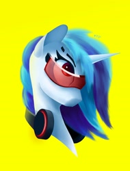 Size: 1600x2100 | Tagged: safe, artist:rsd500, imported from derpibooru, dj pon-3, vinyl scratch, pony, unicorn, blue mane, bust, cyberpunk, cyberpunk 2077, digital art, glasses, headphones, looking forward, portrait, red eyes, simple, simple background, solo, white fur, yellow background