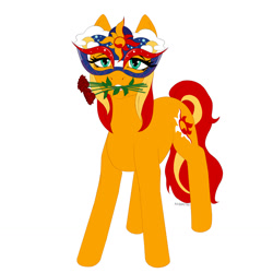 Size: 1280x1280 | Tagged: safe, artist:axidemythe, artist:ugolok2.0, imported from derpibooru, sunset shimmer, pony, unicorn, female, flower, flower in mouth, looking at you, mare, masked shimmer, mouth hold, solo