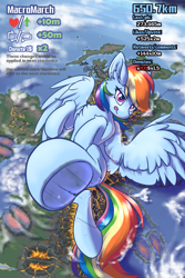 Size: 1200x1800 | Tagged: safe, artist:ravistdash, imported from derpibooru, rainbow dash, pegasus, pony, city, destruction, earth, fetish, frog (hoof), giant rainbow dash, growth drive, impact, incentive drive, island, lava, macro, ocean, satellite, smiling, smirk, solo, some mares just want to watch the world burn, text, tongue out, underhoof, wings