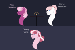 Size: 1280x854 | Tagged: safe, artist:itstechtock, imported from derpibooru, cheerilee, nurse redheart, oc, oc:cherry syrup, earth pony, pony, cheeriheart, family tree, female, headcanon, lesbian, magical lesbian spawn, mare, offspring, parent:cheerilee, parent:nurse redheart, parents:cheeriheart, shipping