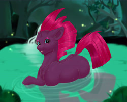 Size: 6890x5512 | Tagged: safe, artist:creed larsen, imported from derpibooru, tempest shadow, firefly (insect), insect, pony, unicorn, bathing, female, forest background, lake, looking at you, mare, night, open mouth, smiling, wet