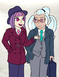 Size: 2054x2703 | Tagged: safe, artist:jesterofdestiny, imported from derpibooru, sugarcoat, sunny flare, human, clothes, glasses, hat, human coloration, humanized, looking at each other, necktie, suit, suitcase, trenchcoat