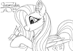 Size: 1700x1200 | Tagged: source needed, safe, artist:dreamyskies, imported from derpibooru, fluttershy, butterfly, pegasus, pony, colorless, cute, monochrome, quick draw, quick sketch, shyabetes, sketch, solo