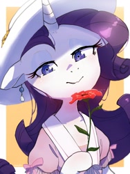 Size: 1200x1600 | Tagged: safe, artist:fuyugi, artist:nendo, imported from derpibooru, rarity, pony, unicorn, bedroom eyes, clothes, ear piercing, earring, female, flower, hat, hoof hold, jewelry, piercing, rose, solo