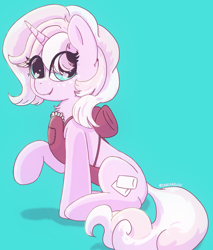 Size: 2452x2884 | Tagged: safe, artist:marshmallowfluff, imported from derpibooru, oc, oc only, oc:marshmallow fluff, pony, unicorn, apron, chest fluff, clothes, female, freckles, looking at you, mare, raised hoof, smiling