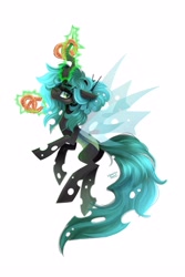 Size: 2000x3000 | Tagged: safe, artist:liquorice_sweet, imported from derpibooru, queen chrysalis, changeling, changeling queen, female, food, glowing horn, horn, looking at you, magic, pretzel, simple background, solo, telekinesis, white background