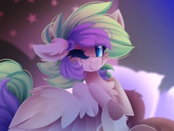 Size: 1600x1200 | Tagged: safe, artist:liquorice_sweet, imported from derpibooru, oc, oc only, pegasus, pony, cheek fluff, chest fluff, ear fluff, eye clipping through hair, female, floppy ears, freckles, looking at you, mare, one eye closed, smiling, smiling at you, solo, underhoof, wink, winking at you