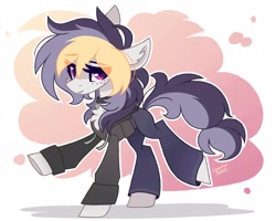 Size: 2500x2000 | Tagged: safe, artist:liquorice_sweet, imported from derpibooru, oc, oc only, oc:liquorice sweet, earth pony, pony, abstract background, chest fluff, clothes, eye clipping through hair, female, freckles, hoodie, lidded eyes, looking at you, mare, pants, smiling, smiling at you, solo, sweatpants, underhoof