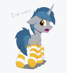 Size: 2745x3000 | Tagged: safe, artist:arcane-thunder, imported from derpibooru, oc, oc only, oc:arcane thunder, pony, unicorn, blushing, butt, clothes, dialogue, embarrassed, floppy horn, horn, looking back, male, open mouth, plot, simple background, socks, solo, stallion, striped socks, underhoof, white background