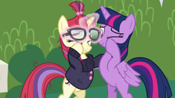 Size: 1280x720 | Tagged: safe, imported from derpibooru, screencap, moondancer, twilight sparkle, alicorn, pony, unicorn, amending fences, season 5, bipedal, bush, clothes, crying, cute, dancerbetes, duo, duo female, eyebrows, eyes closed, female, glasses, glasses off, glowing horn, green, half-hug, happiness, happy, horn, hug, levitation, magic, magic aura, one eye closed, reconciliation, ruffled feathers, ruffled wing, single tear, standing on two hooves, sweater, tears of joy, telekinesis, twiabetes, twilight sparkle (alicorn), wings, wiping eye, wiping tears